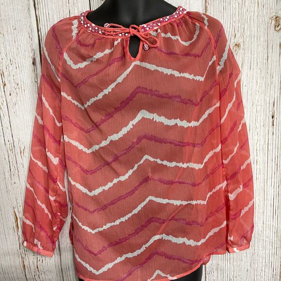 Chicos Tunic Blouse Womens Size 1 US M Pink Long Sleeve Sheer Keyhole Scoop Neck - Picture 1 of 5